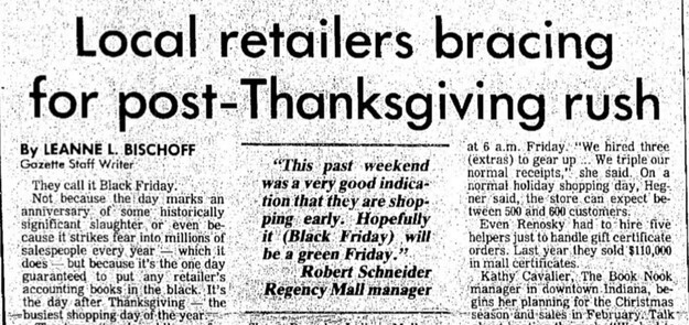В 1996 году еще одна газета из Пенсильвании, Indiana Gazette, написала о Черной пятнице более конкретно, отметив, что это единственный день, когда бухгалтерские книги торговых предприятий точно будут черными от записей.