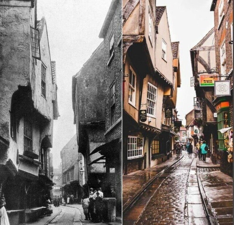 Шемблз - средневековая улица в Йорке, Великобритания, в 1800-х и сейчас. Обликом Шемблз навеяны виды Косого переулка в "Гарри Поттере"
