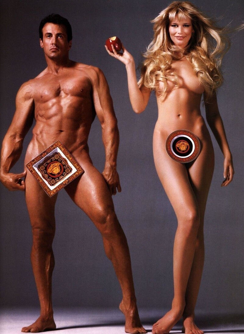 Сильвестр Сталлоне и Клаудия Шиффер на съёмках для рекламной кампании Versace Home, 1995 год.