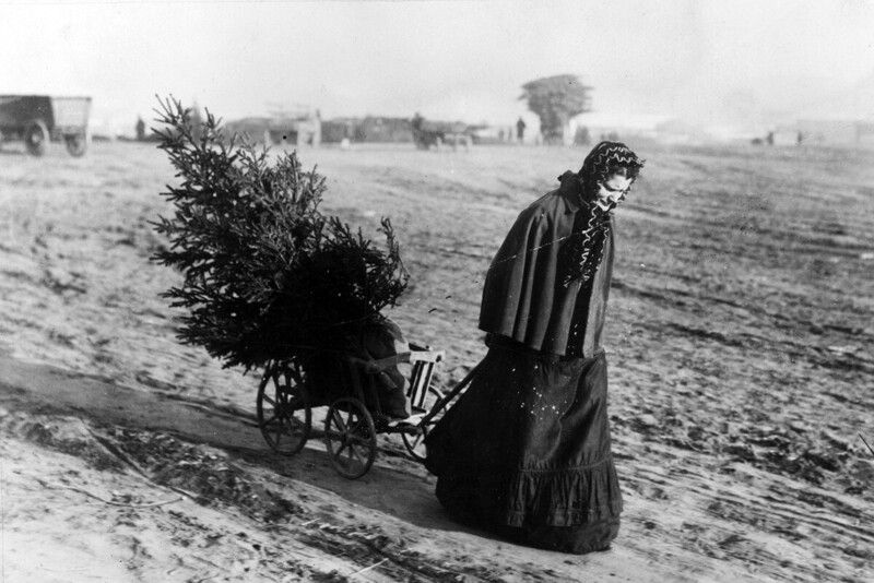 Женщина купила рождественскую елку и везет ее домой. Британия. 1895 год.