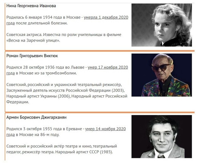 Кого из российских знаменитостей забрал с собой 2020 год