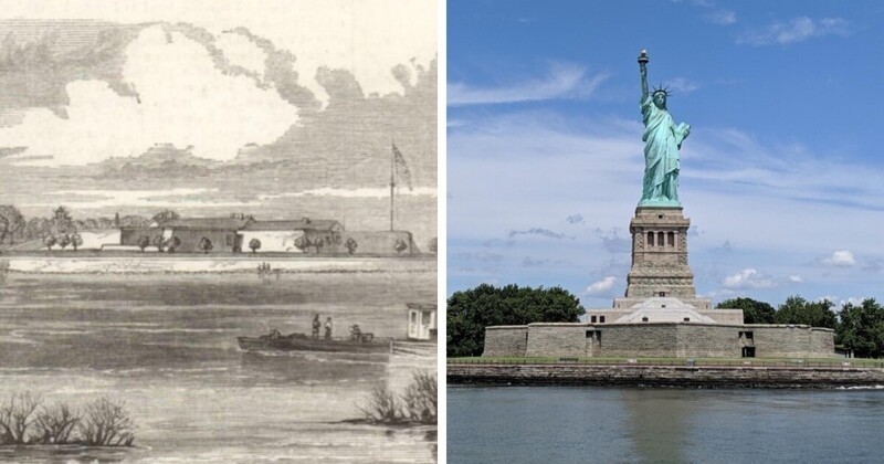 3. Остров Свободы (тогда остров Бедлоус) в Нью-Йорке до и после строительства статуи Свободы
