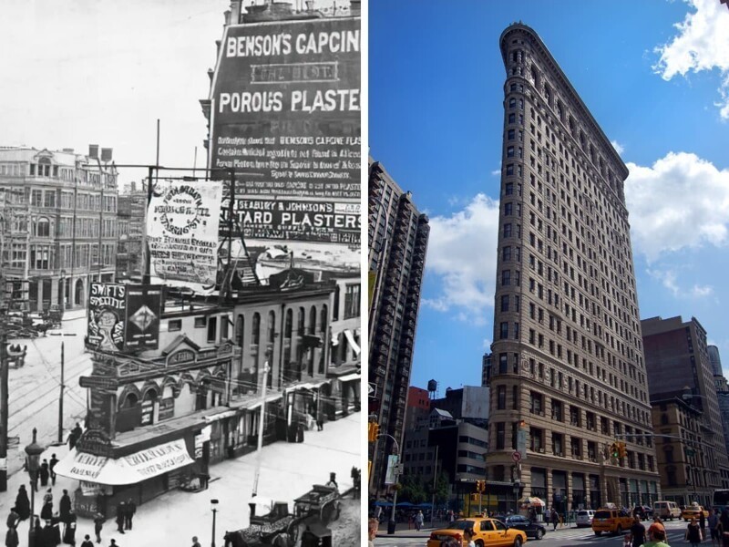 9. Соединение Бродвея, Пятой авеню и восточной 23-й улицы в Нью-Йорке до и после строительства Флэтайрон-билдинг
