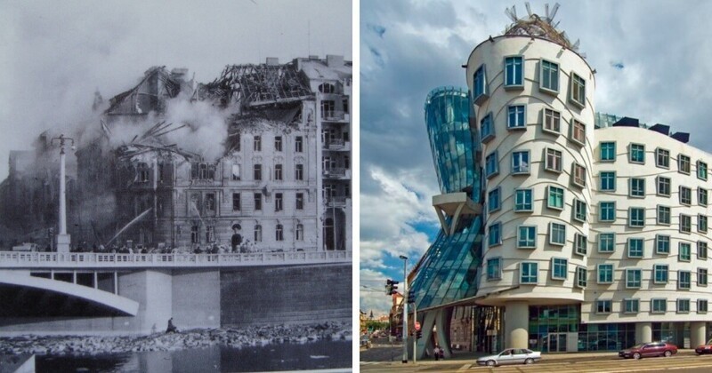 8. Угол Рессловой улицы и набережной в Праге во время Второй мировой войны и после строительства Танцующего дома