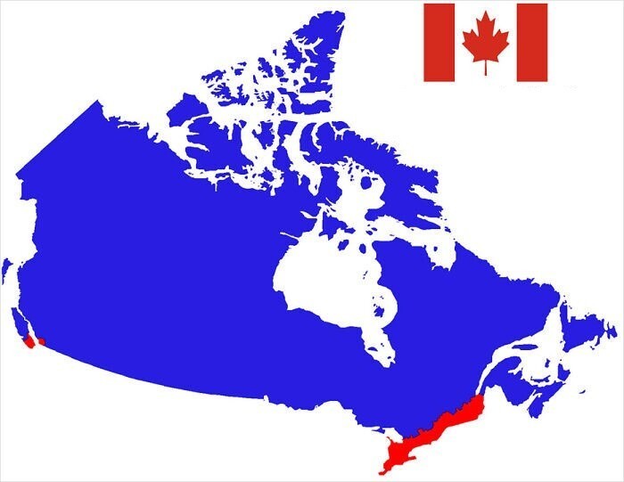 В красной части Канады живет больше людей, чем в синей