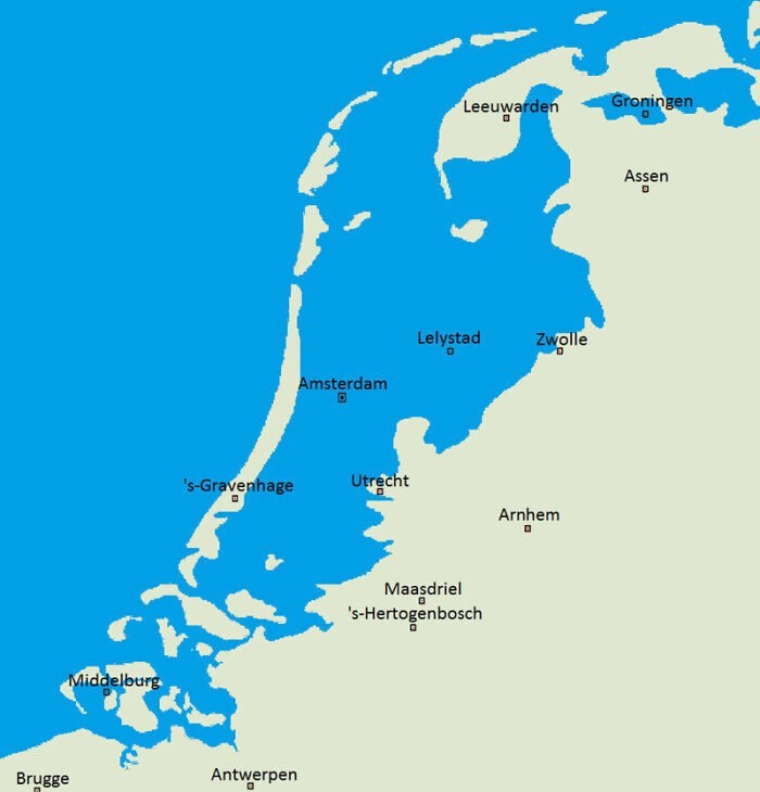 Если бы в Нидерландах не строили дамбы, карта страны выглядела бы так