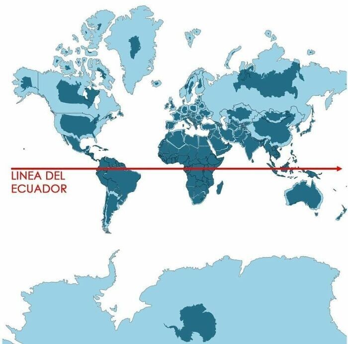 Голубым нарисованы страны, как их изображают на картах, а синим - их реальные сравнительные размеры