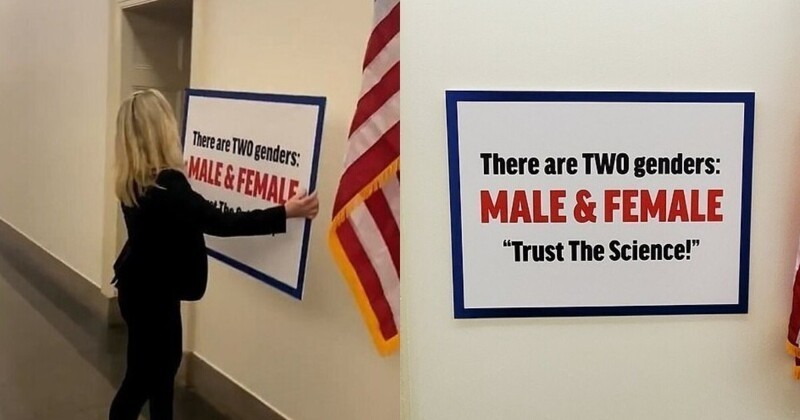 "Есть два пола: мужчины и женщины. Доверяйте науке": американка ответила оппоненту с помощью плаката