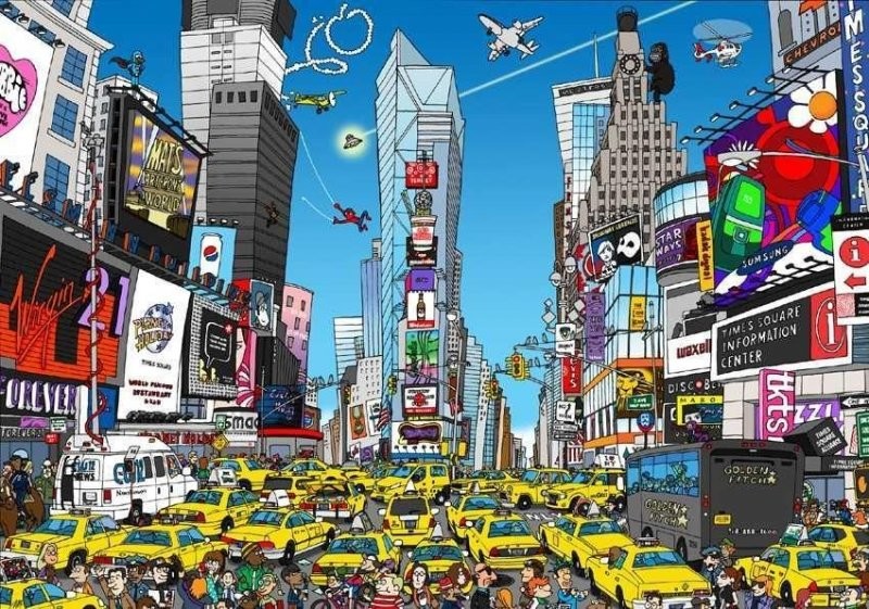 Таймс-сквер, Нью-Йорк - желтые такси всех поколений от Checker Marathon до Nissan NV200, а также Кинг-Конг и Человек-паук!