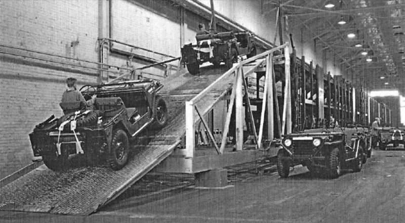 Погрузка внедорожников M151 MUTT в трёхъярусный железнодорожный вагон на заводе фирмы Ford в городе Хайланд Парк в штате Мичиган; ~ 60-70-е гг.