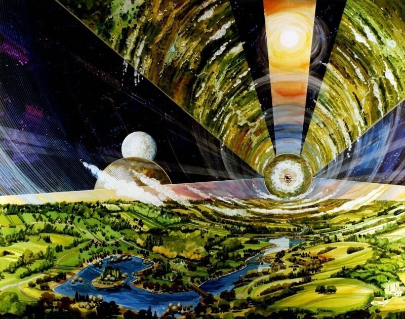 Эта иллюстрация НАСА показывает, как может выглядеть внутренняя часть цилиндра О'Нила. Каждая среда обитания будет иметь искусственную атмосферу, земную гравитацию и сочетание городского и сельскохоз-пространства. (Иллюстрация: Rick Guidice)