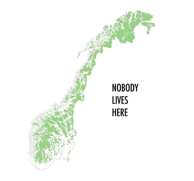 7. Зелёным выделена часть территории Норвегии, где никто не живёт