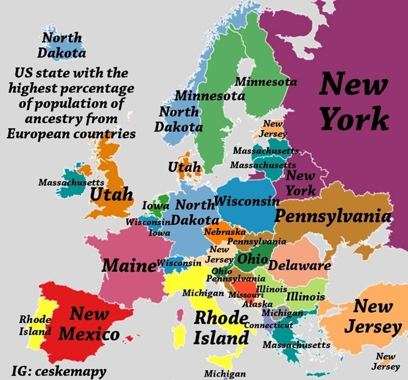 6. На карте указано, в каких штатах США можно найти наибольший процент выходцев из европейских стран
