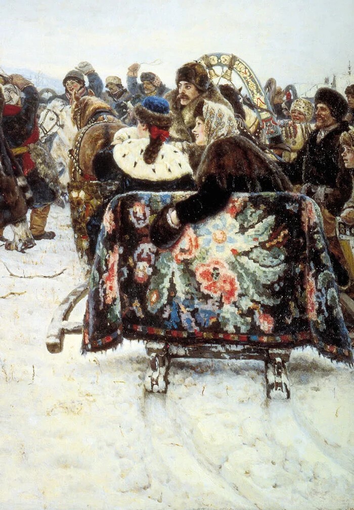 Суриков всегда дотошно подходил ко всем деталям на своих картинах, эта не исключение. Взгляните как подробно он показал разные наряды у зрителей. Ну и потрясающий снег: