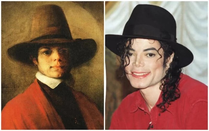 Слева: Барент Фабрициус - "Автопортрет в большой шляпе", 1650. Справа: Майкл Джексон