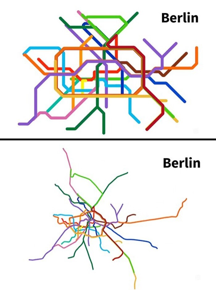 Карта берлинского метро в сравнении с его реальной географией