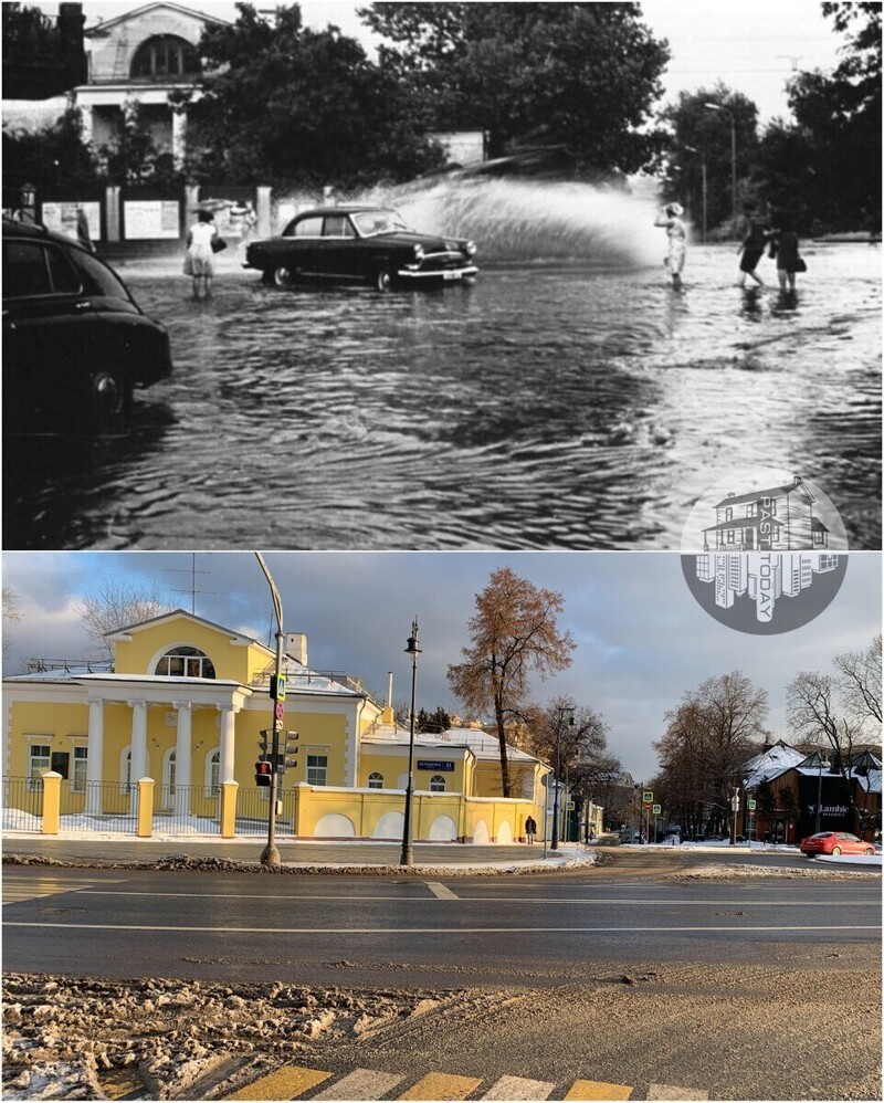 Остоженка и Турчанинов переулок, слева д.51с1 главный дом усадьбы Косыревой - Абрикосовых. 1966/2020.