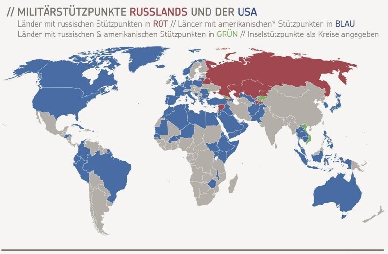Военные базы России (красный) и США (синий)