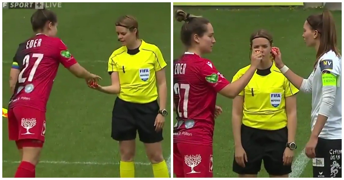В Австрии капитаны женских футбольных команд   перед матчем сразились пасхальными яйцами