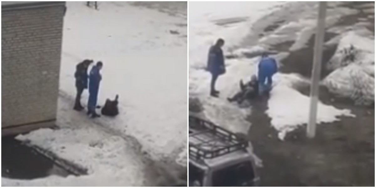 Фельдшеры скорой помощи протащили пьяного пациента по снегу и грязи