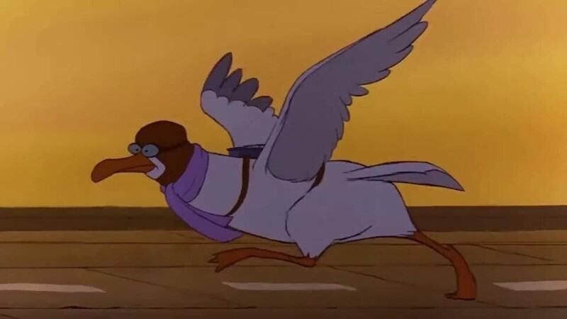9. В мультфильме «Спасатели» (1977) альбатрос Орвилл движется по взлётно-посадочной полосе, разбегаясь перед взлётом