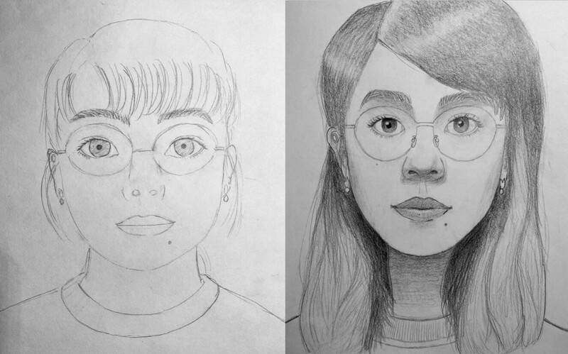 4. Автопортреты, нарисованные до и после месячного курса обучения рисованию