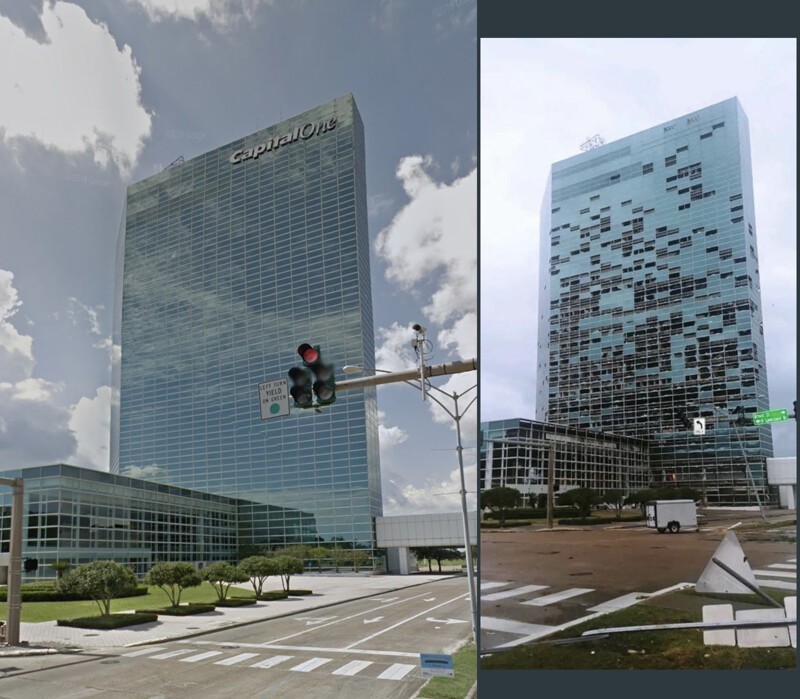 7. Окна многоэтажной "высотки" до и после урагана Лаура. Лейк-Чарльз, Луизиана