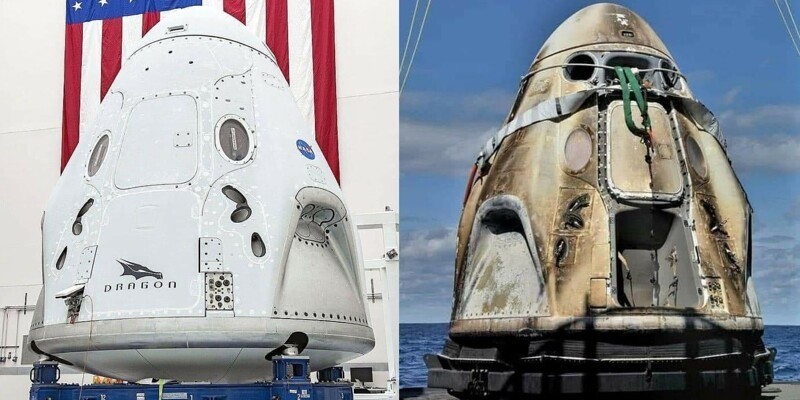 21. Космический корабль Crew Dragon Endeavour перед отправкой на МКС и после возвращения