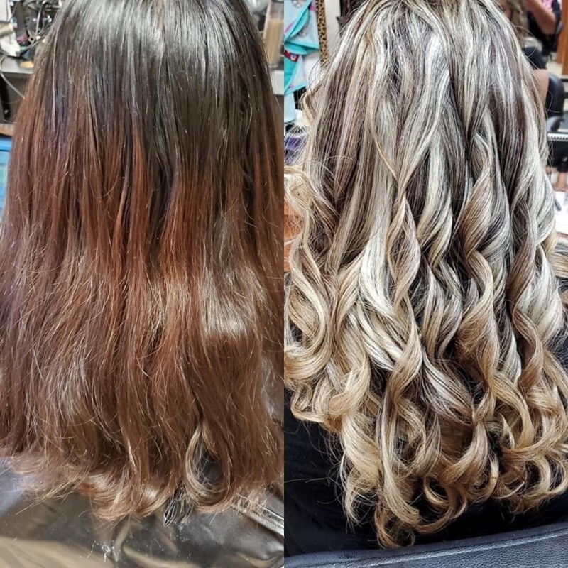 23. Волосы женщины до и после посещения парикмахерской