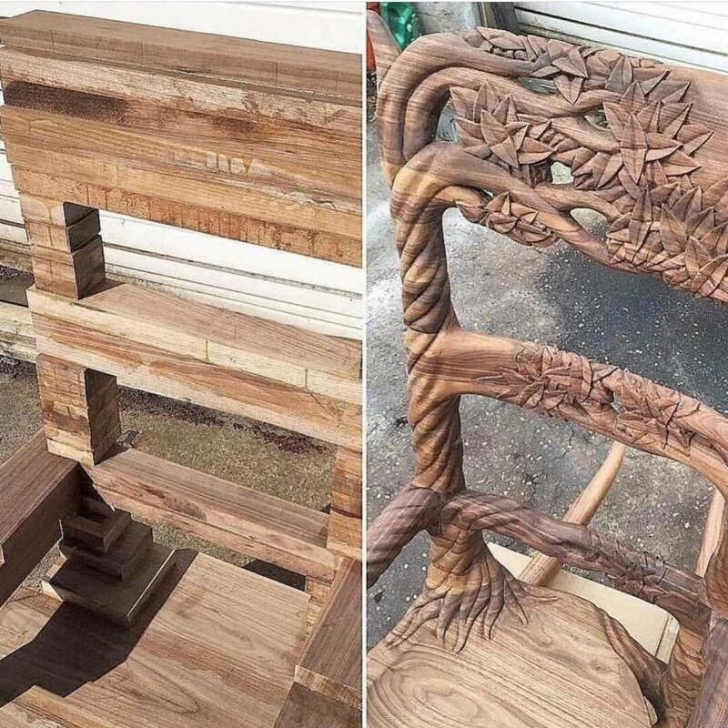 19. Деревянный стул до и после искусной работы резчика по дереву