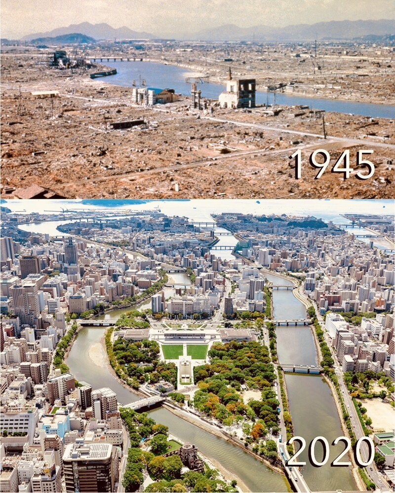 16. Хиросима вскоре после взрыва атомной бомбы и 75 лет спустя