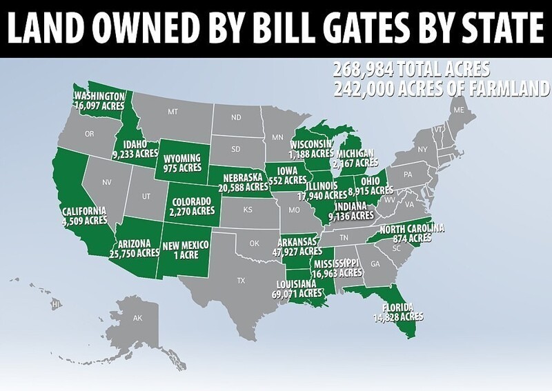 Земля, которая принадлежит Биллу Гейтсу, по штатам