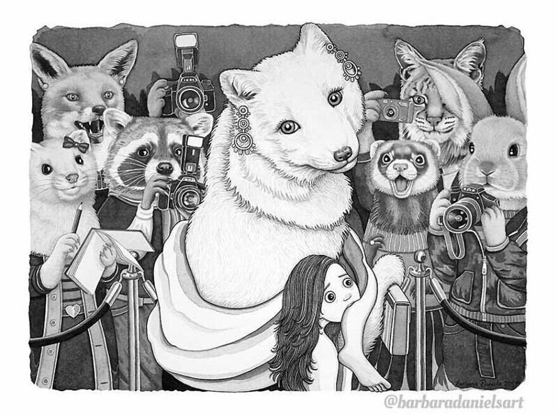 Художник создает иллюстрации, где люди и животные играют противоположные роли