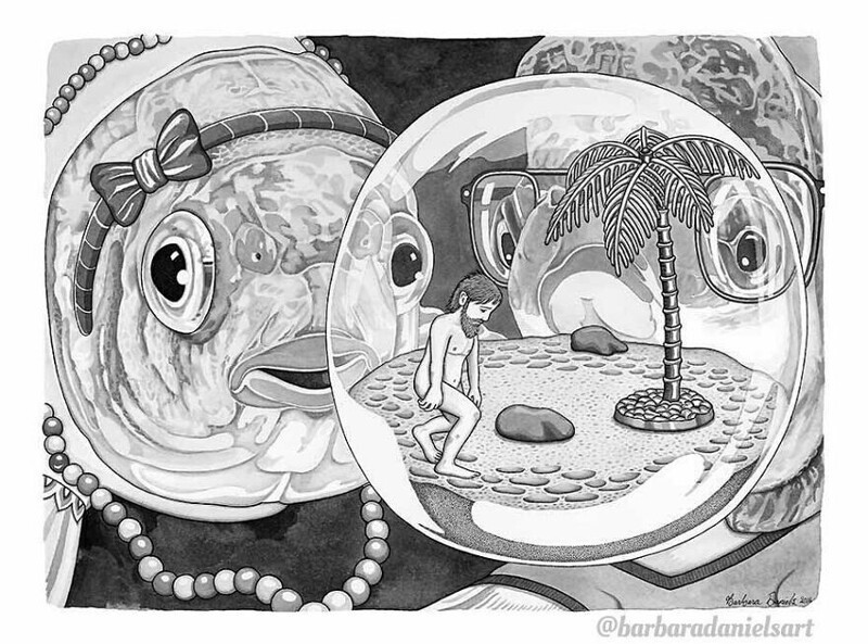 Художник создает иллюстрации, где люди и животные играют противоположные роли
