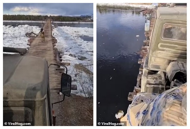 Видео: грузовик едет по узкому мосту через реку Витим (Забайкалье)