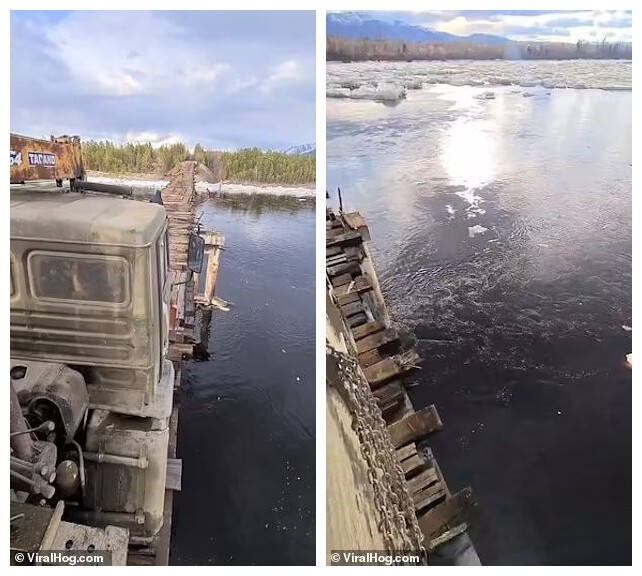 Видео: грузовик едет по узкому мосту через реку Витим (Забайкалье)