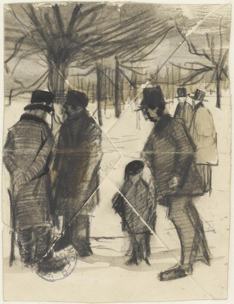 Четверо мужчин и ребенок на снегу. - 1883 г.