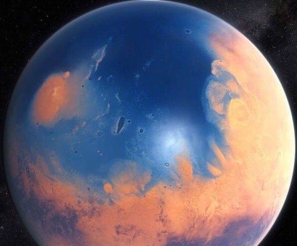 Изображение Великого океана Марса: на основе полученных на сегодня топографических данных можно предположить, что 4,5 миллиарда лет назад он покрывал около 20% поверхности планеты