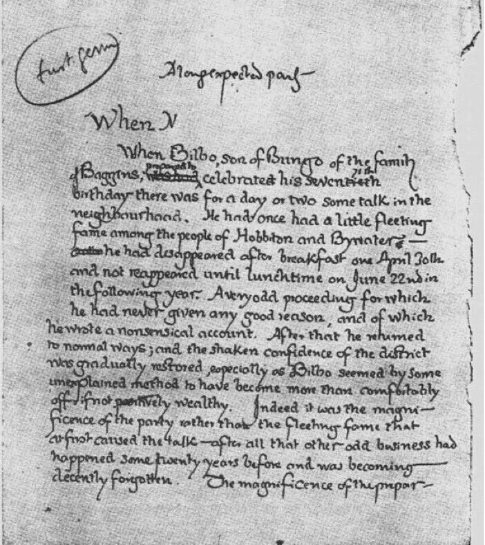 Первая страница романа "Властелин колец", написанная Джоном Толкином 1937 году