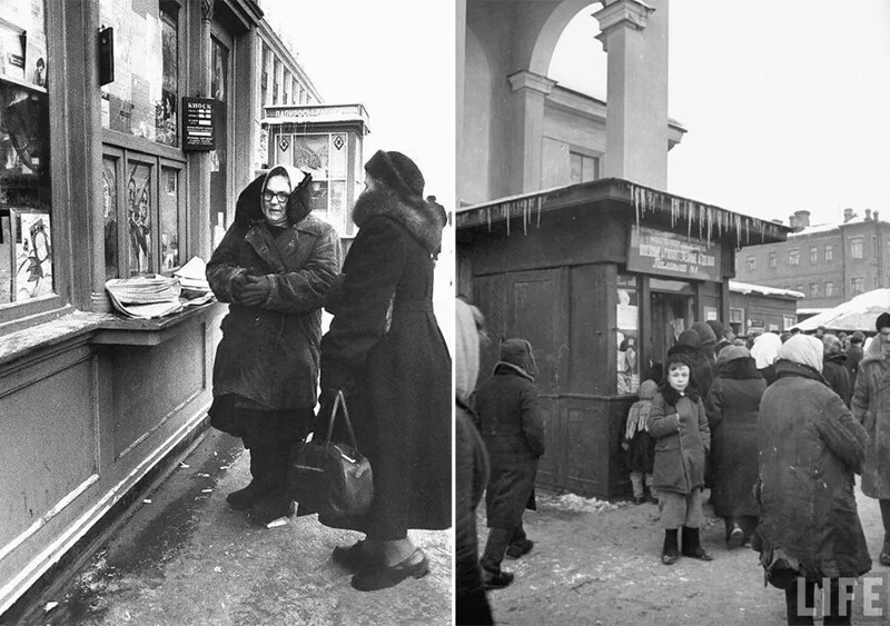 Слева — зима в Москве 1959 года, справа — палатка рядом со станцией метро «Цветной бульвар» в 1947 году.