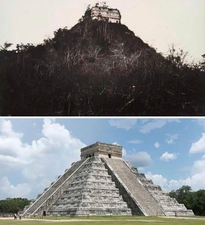 29. Пирамида майя Чичен-Ица в 1892 году, когда ее обнаружили, и сейчас