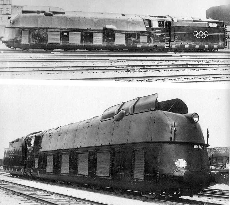 Скоростной пассажирский паровоз BR-05 предназначенный для вождения экспрессов. В 1936г. паровоз BR-05 (002) установил рекорд скорости для германских паровозов - 200,4 км/ч. BR05001 - официальный паровоз немецких олимпийских игр 1936 года.