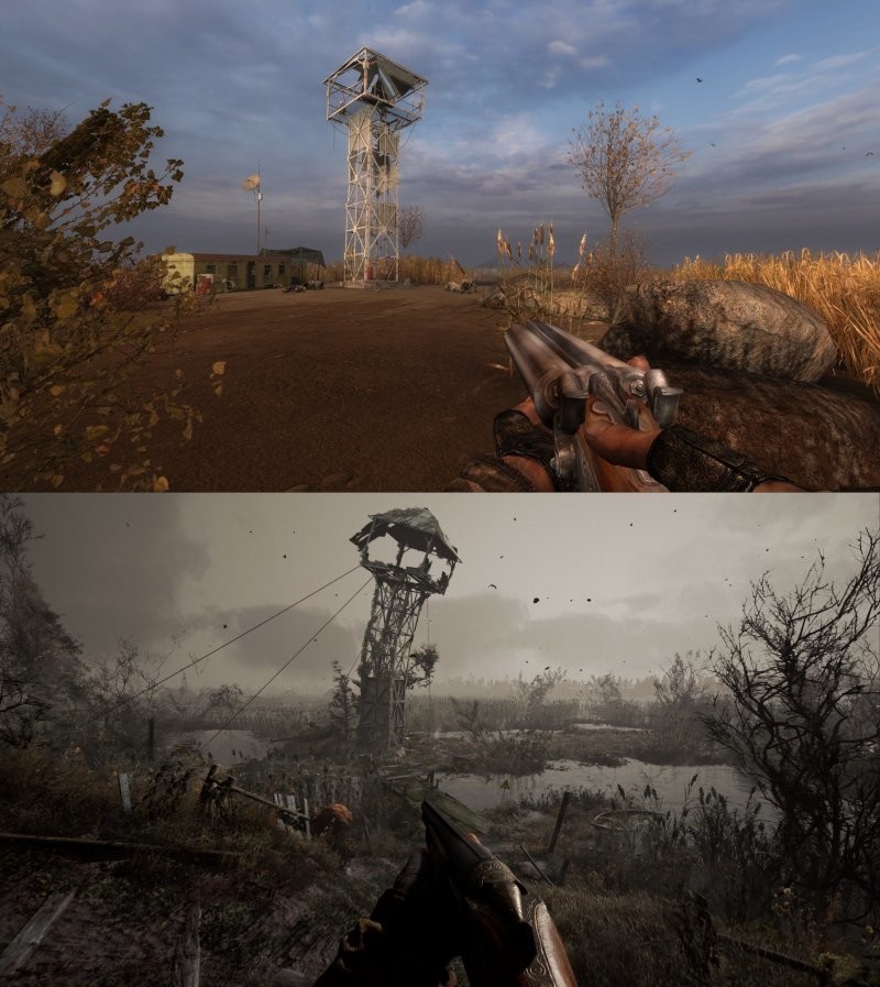 В трейлере можно увидеть знакомые по предыдущим сериям игры локации. Сверху болото из «S.T.A.L.K.E.R.: Чистое небо», снизу - "Сердце Чернобыля"