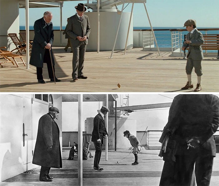 В «Титанике» (1997) есть сцена, в которой мальчик играет с волчком на палубе. На самом деле это воссоздание реальной фотографии, сделанной на борту корабля 11 апреля 1912 года