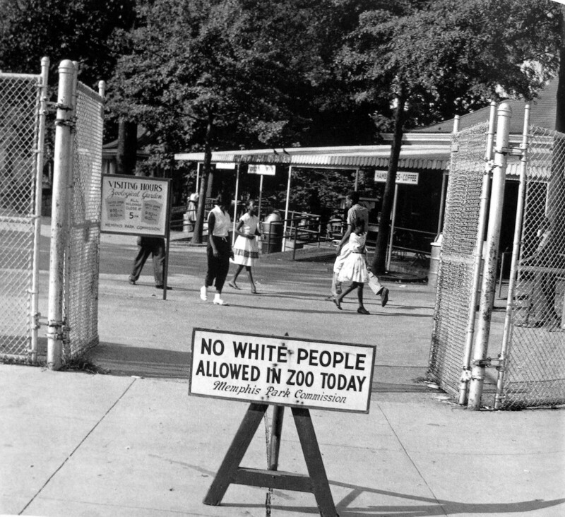 На табличке — надпись "белые люди сегодня не могут войти в зоопарк". Такая табличка выставлялась перед зоопарком в Мемфисе лишь один раз в неделю. Остальные шесть дней, только "белым" и можно было в этот зоопарк.