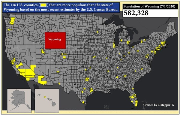 6. В скольких округах США проживает населения больше, чем в штате Вайоминг?
