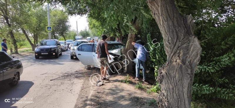 В Астрахани водитель Renault Logan врезался в дерево: автомобиль полностью сгорел