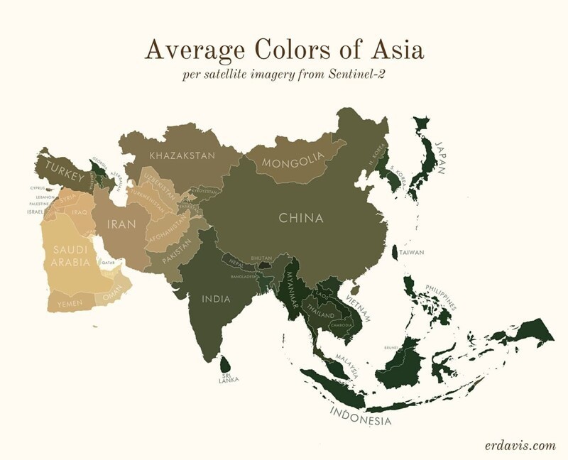 Карта мира в усредненном цвете, полученная с помощью анализа спутниковых снимков