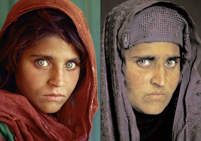7. Эта известная фотография 12-летней афганской девочки и ее же портрет 18 лет спустя (фото Стива Маккарри)
