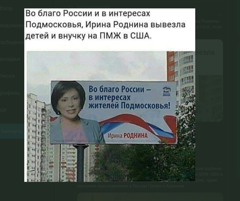 Жители Подмосковья все как один будут голосовать за Ирину Роднину. Она вывела своих внуков на постоянное место  жительства в США, чтоб не обьедали россиян.